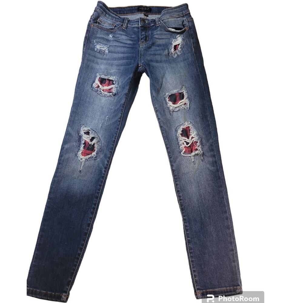 Judy Blue Skinny Jeans 7/28 Plaid Patch Distressed Boho Grunge